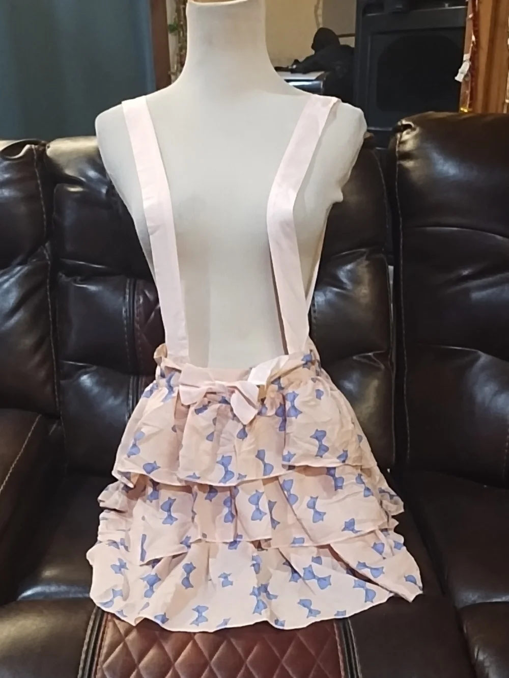 Women's Pink Ruffled Suspender Skirt with Blue Bow Print
